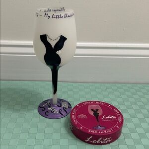 Lolita “Little Black Dress”, 15 Oz. Hand-Painted Wine Glass, Recipe on Bottom